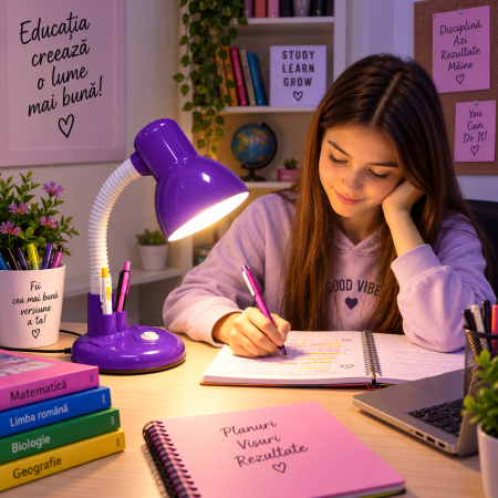 Corpuri de iluminat - Veioză mov cu suport pix pentru elev folosită la birou pentru studiu