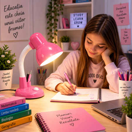 Corpuri de iluminat - Veioză roz cu suport pix pentru elev folosită la birou pentru studiu