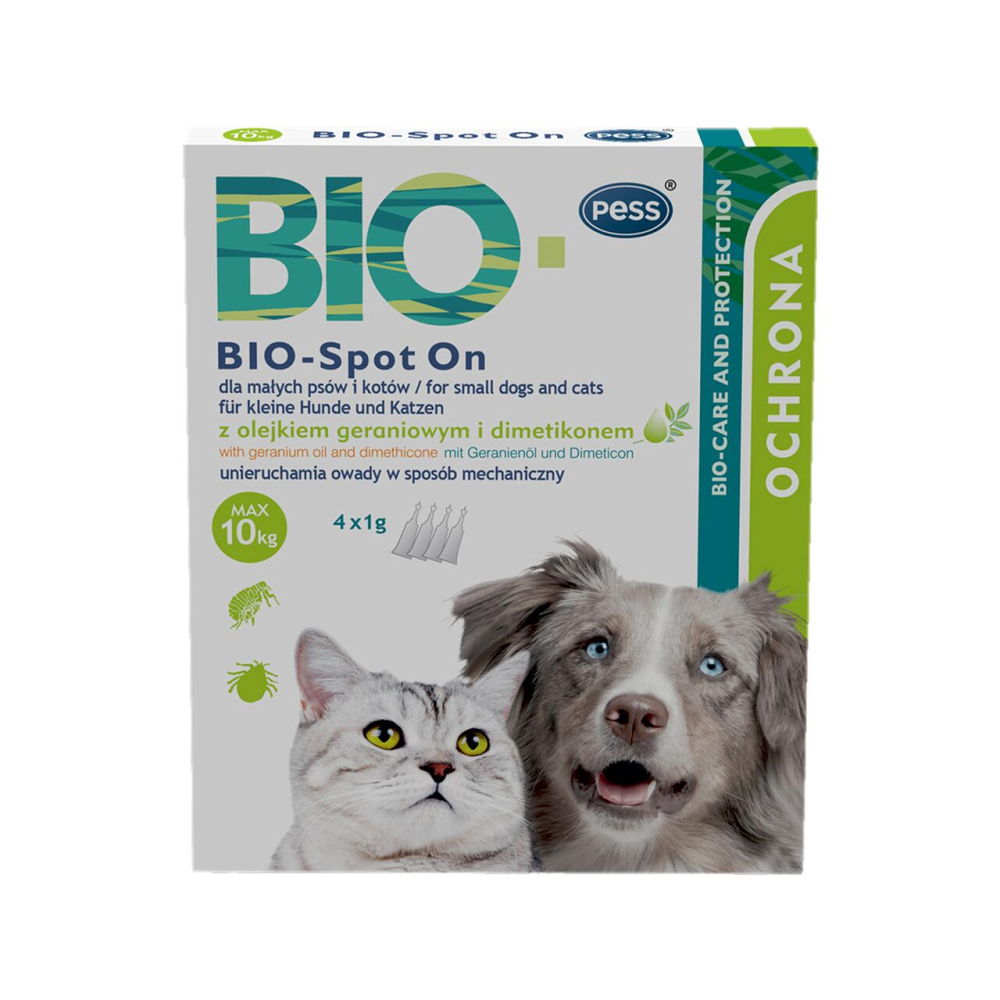 PESS BIO PIPETA ANTIPARAZITARA SPOT ON CU ULEI DE GERANIUM SI DIMETHICONE 4X1G PENTRU CANI SI PISICI < 10KG [1]