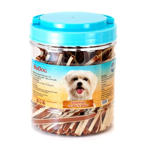 RECOMPENSE PENTRU CAINI BIODOG SANDWICH CU PUI SI PESTE 500G [1]