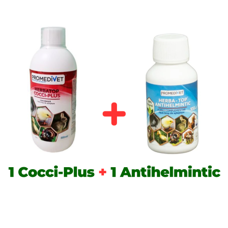 Pachete - Tratament si prevenție coccidioză, Herba Top Cocci-Plus 500 ml + Antiparazitar intern pentru păsări Herba Top Antihelmintic 100 ml