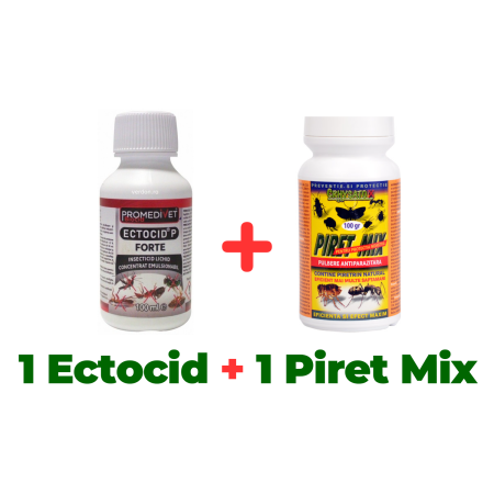 Pachete - Insecticid concentrat pentru purici, păduchi, gândaci Ectocid Forte 100 ml + Antiparazitar extern Piret Mix pulbere 100 gr