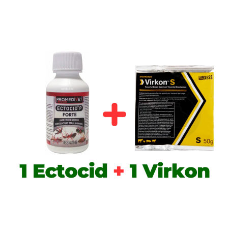 Pachete - Insecticid concentrat pentru purici, păduchi, gândaci Ectocid Forte 100 ml + Dezinfectant profesional pulbere Virkon S 50 gr