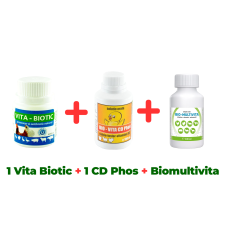 Pachete - Antibiotic natural păsări Vita Biotic 50 ml + Calciu pentru păsări Bio Vita CD Phos 100 ml + Complex vitamine și minerale pentru păsări Bio Multivita 100 ml
