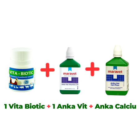 Pachete - Antibiotic natural păsări Vita Biotic 50 ml + Complex vitamine și minerale pentru păsări Anka-vet vitamine CH 100 ml + Complex vitamine și minerale pentru păsări Anka-vet Cal Phos 100 ml