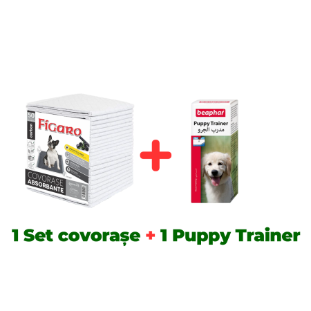 Pachete - Covor absorbant pentru câini Figaro Carbon 60x60 cm, set x 50 buc + Soluție educare căței, puppy trainer 20 ml