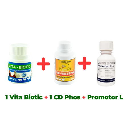 Pachete - Antibiotic natural păsări Vita Biotic 50 ml + Calciu pentru păsări Bio Vita CD Phos 100 ml + Complex nutritiv Promotor L 47.0 100 ml