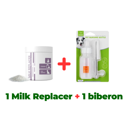 Pachete - Lapte praf căței, VetaPro, 330 gr + Biberon căței 60 ml + 4 tetine