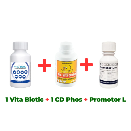 Pachete - Antibiotic natural păsări Vita Biotic 100 ml + Calciu pentru păsări Bio Vita CD Phos 100 ml + Complex nutritiv Promotor L 47.0 100 ml