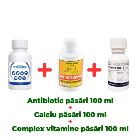 Pachete - Antibiotic natural păsări Vita Biotic 100 ml + Calciu pentru păsări Bio Vita CD Phos 100 ml + Complex nutritiv Promotor L 47.0 100 ml