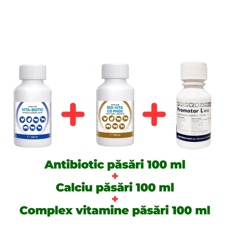 Pachete - Antibiotic natural păsări Vita Biotic 100 ml + Calciu pentru păsări Bio Vita CD Phos 100 ml + Complex nutritiv Promotor L 47.0 100 ml