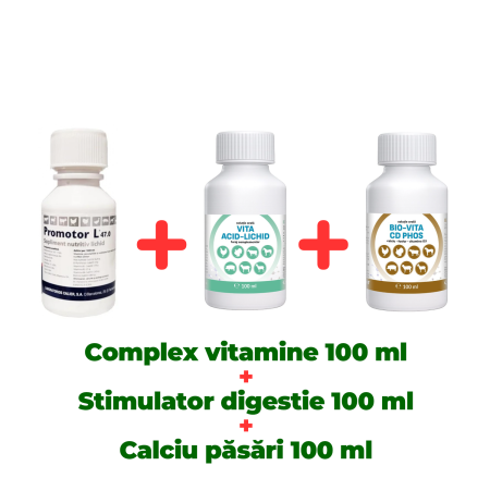 Pachete - Complex nutritiv Promotor L 47.0 100 ml + Stimulator digestie Vita Acid lichid 100 ml + Calciu pentru păsări Bio Vita CD Phos 100 ml