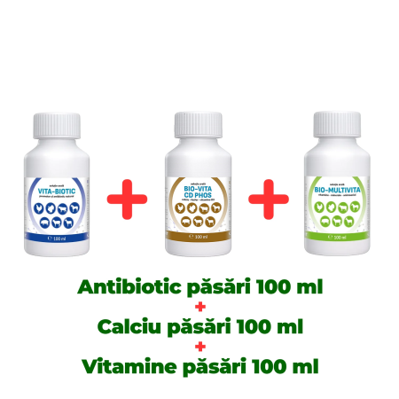 Pachete - Antibiotic natural păsări Vita Biotic 100 ml + Calciu pentru păsări Bio Vita CD Phos 100 ml + Complex vitamine și minerale pentru păsări Bio Multivita 100 ml
