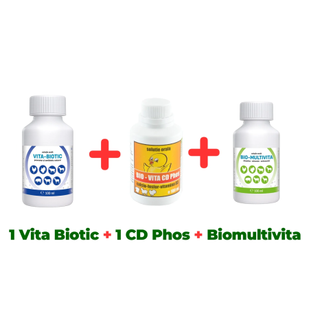 Antibiotic natural păsări Vita Biotic 100 ml + Calciu pentru păsări Bio Vita CD Phos 100 ml + Complex vitamine și minerale pentru păsări Bio Multivita 100 ml