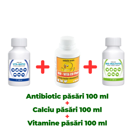 Pachete - Antibiotic natural păsări Vita Biotic 100 ml + Calciu pentru păsări Bio Vita CD Phos 100 ml + Complex vitamine și minerale pentru păsări Bio Multivita 100 ml