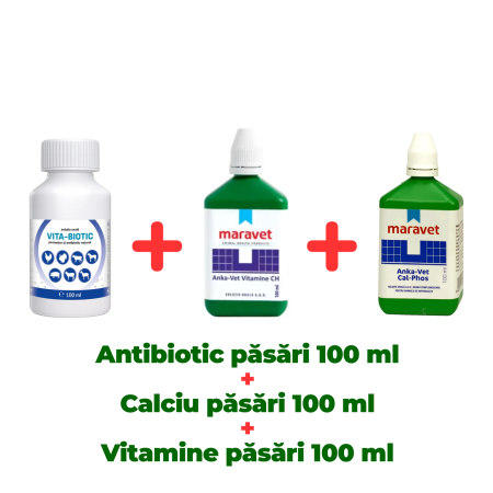 Pachete - Antibiotic natural păsări Vita Biotic 100 ml + Complex vitamine și minerale pentru păsări Anka-vet vitamine CH 100 ml + Complex vitamine și minerale pentru păsări Anka-vet Cal Phos 100 ml