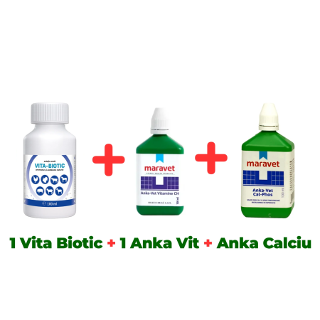 Pachete - Antibiotic natural păsări Vita Biotic 100 ml + Complex vitamine și minerale pentru păsări Anka-vet vitamine CH 100 ml + Complex vitamine și minerale pentru păsări Anka-vet Cal Phos 100 ml