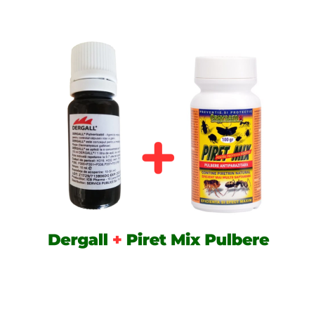 Insecticide pentru casă și fermă - Antiparazitar extern, păduchi, căpuşe, pentru păsări Dergall 10 ml + Praf păduchi, căpușe păsări, Piret Mix pulbere 100 gr