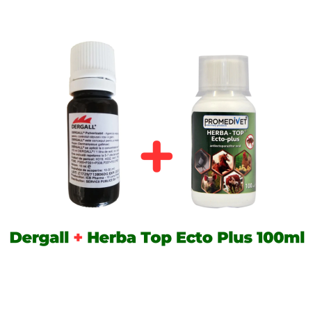 Insecticide pentru casă și fermă - Antiparazitar extern, păduchi, căpuşe, pentru păsări Dergall 10 ml + Soluție păduchi, de pus în apa de băut, pentru păsări, Herba Top Ecto Plus 100 ml