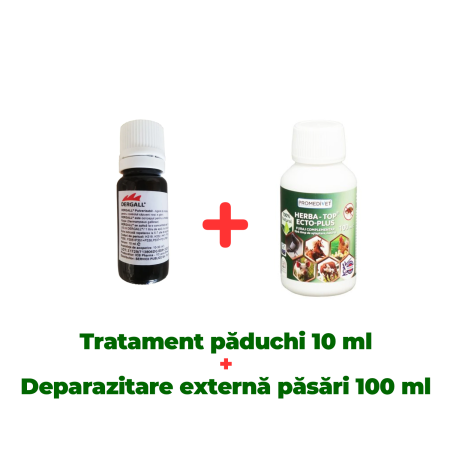 Insecticide pentru casă și fermă - Antiparazitar extern, păduchi, căpuşe, pentru păsări Dergall 10 ml + Soluție păduchi, de pus în apa de băut, pentru păsări, Herba Top Ecto Plus 100 ml