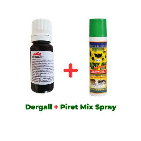 Insecticide pentru casă și fermă - Antiparazitar extern, păduchi, căpuşe, pentru păsări Dergall 10 ml + Spray insecticid păduchi găini, Piret Mix spray 200 ml
