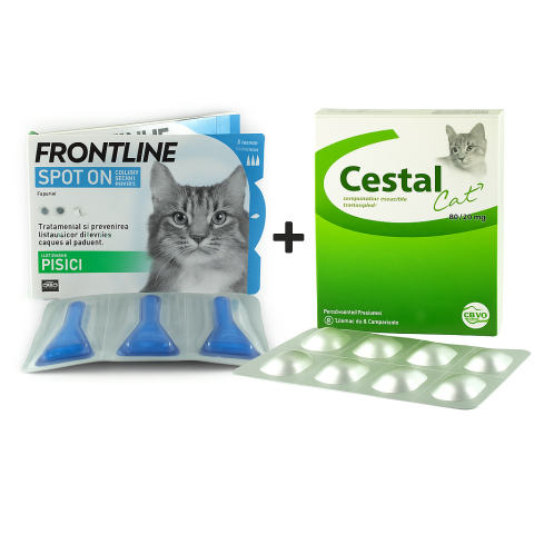 Antiparazitare interne pisici - Antiparazitar intern extern pisici Frontline spot on 1 pip + Cestal cat 1 tb