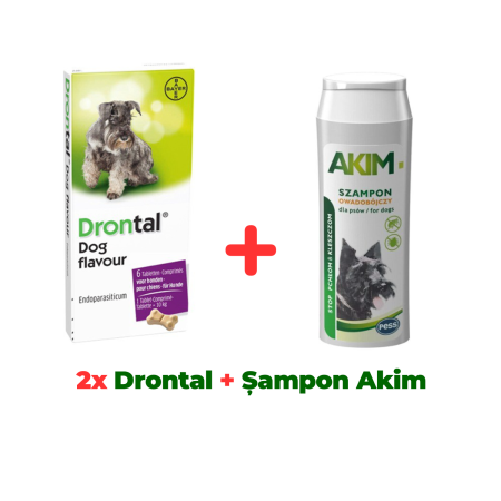 Antiparazitare interne câini - Antiparazitar intern câini, DRONTAL 2 tablete + Șampon antiparazitar extern AKIM 200 ml