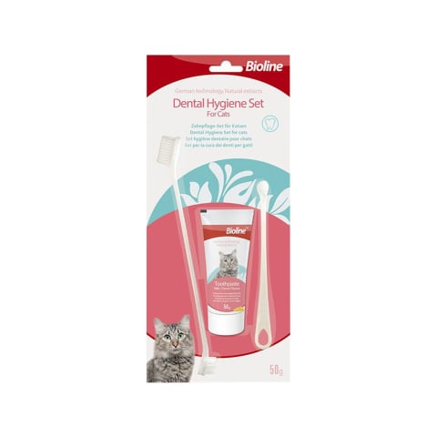 Igiena orala pisici - BIOLINE KIT DENTAR PASTA+PERIUTA AROMA CASCAVAL PENTRU PISICI 50G