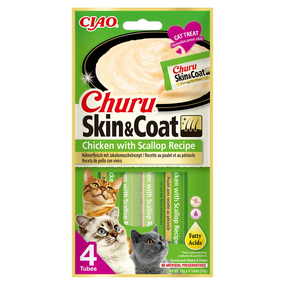 Pisici - Recompensă pentru pisici cu scoici și pui Churu Skin & Coat 4x14g