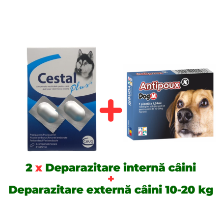 Antiparazitare interne câini - Deparazitare internă câini, Cestal Plus 2 tablete + Antiparazitar extern pentru câini Antipoux 10-20 KG