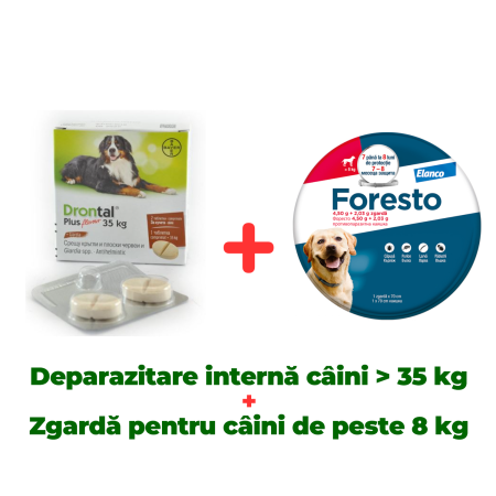 Antiparazitare interne câini - Deparazitare internă câini mari, Drontal XL câini >35kg cutie x 2 tablete +  Zgardă purici, căpușe Foresto câini mai mari de 8 KG