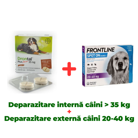 Antiparazitare interne câini - Deparazitare internă câini mari, Drontal XL câini >35kg cutie x 2 tablete +  Antiparazitar extern Frontline pentru câini spot on 20-40 KG, 1 pipetă