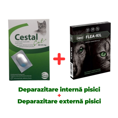 Deparazitare Interna Pisici - Deparazitare internă pisici, Cestal 1 tabletă + Zgardă purici, căpușe pisici, Flea-Kill 35 cm