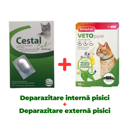 Deparazitare Externa Pisici - Deparazitare internă pisici, Cestal 1 tabletă + Zgardă purici, căpușe pisici Beaphar Vetopure 35 cm