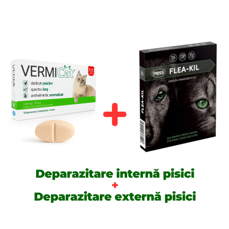 Deparazitare Interna Pisici - Deparazitare internă pisici, Vermicat, 1 comprimat + Zgardă purici, capuse, pentru pisici, Flea-Kill 35 cm - PESS