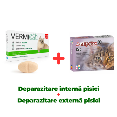 Deparazitare Interna Pisici - Deparazitare internă pisici, Vermicat, 1 comprimat + Antiparazitar extern pentru pisici Antipoux cat, 1 pipeta