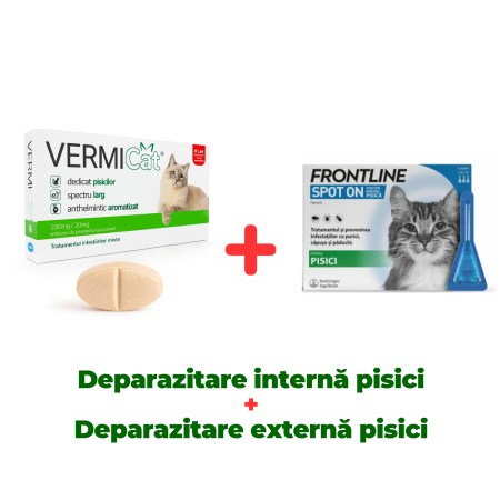 Deparazitare Interna Pisici - Deparazitare internă pisici, Vermicat, 1 comprimat + Deparazitare externă pentru pisici Frontline Spot On, 1 pipetă