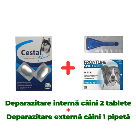 Pachete - Deparazitare internă și externă câini Frontline Spot On Dog 10-20 KG 1 pipeta + Cestal Dog 2 tablete
