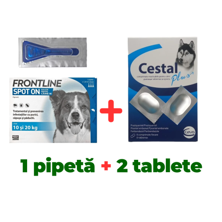 Deparazitare internă și externă câini Frontline Spot On Dog 10-20kg 1 pipeta + Cestal Dog 2 tablete