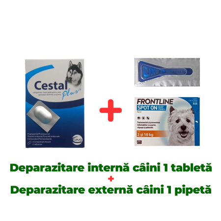 Pachete - Deparazitare internă și externă câini, Frontline Spot On Dog 2-10kg 1 pipeta + Cestal Dog 1 tableta