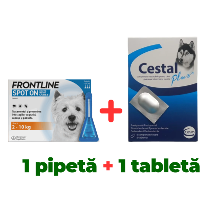 Deparazitare internă și externă câini, Frontline Spot On Dog 2-10kg 1 pipeta + Cestal Dog 1 tableta