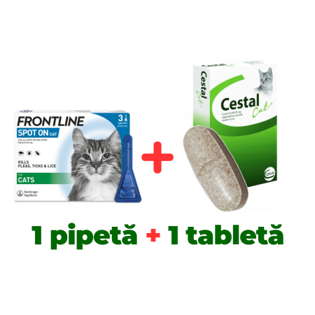Deparazitare internă și externă pisici Frontline Spot On 1 pipetă + Cestal Cat 1 tabletă