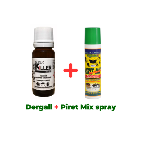 Insecticide - Antiparazitar extern, păduchi, căpuşe, pentru păsări Dergall 10 ml + Spray insecticid păduchi găini, Piret Mix spray 200 ml