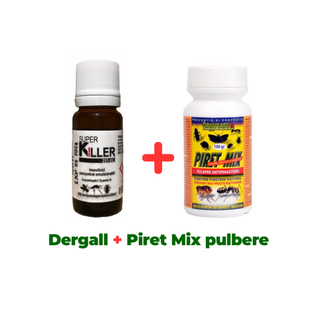 Insecticide - Antiparazitar extern, păduchi, căpuşe, pentru păsări Dergall 10 ml + Praf păduchi, căpușe păsări, Piret Mix pulbere 100 gr
