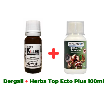 Insecticide - Antiparazitar extern, păduchi, căpuşe, pentru păsări Dergall 10 ml + Soluție păduchi, de pus în apa de băut, pentru păsări, Herba Top Ecto Plus 100 ml