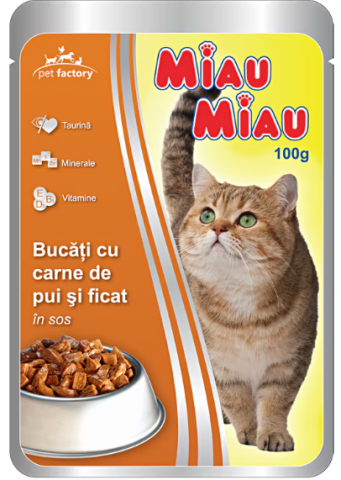 Pisici adulte - Hrană umedă pentru pisici cu pui Miau-Miau 100 gr