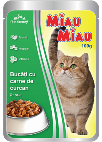 Pisici adulte - Hrană umedă pentru pisici cu curcan Miau-Miau 100 gr