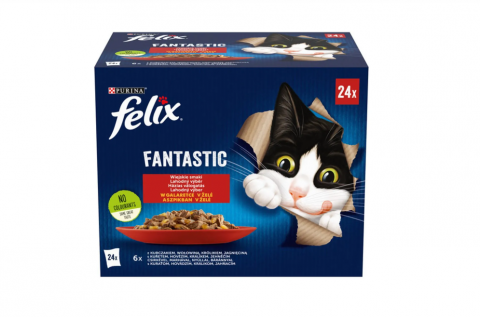 Promotii pisici - Hrana umeda pentru pisici adulte Purina Felix Fantastic cu vita, iepure, pui si miel, plic, 24 x 85 g