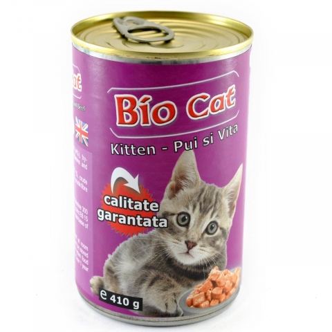 Pisici junior - HRANA UMEDA PENTRU PISICI BIOCAT KITTEN PUI/VITA 410GR(24BUC/BAX)