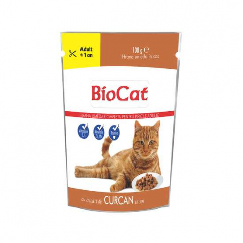 Pisici adulte - HRANA UMEDA PENTRU PISICI BIOCAT PLIC CURCAN IN SOS 100G
